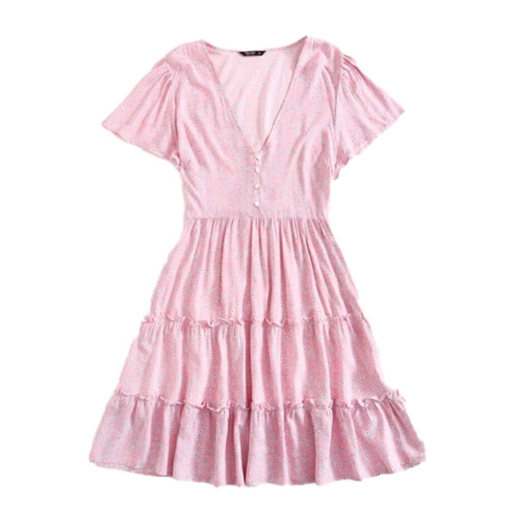 ❤️ SHEIN Plus Buttoned Front Frill Trim Ditsy Floral Dress Floral Blouse 2XL